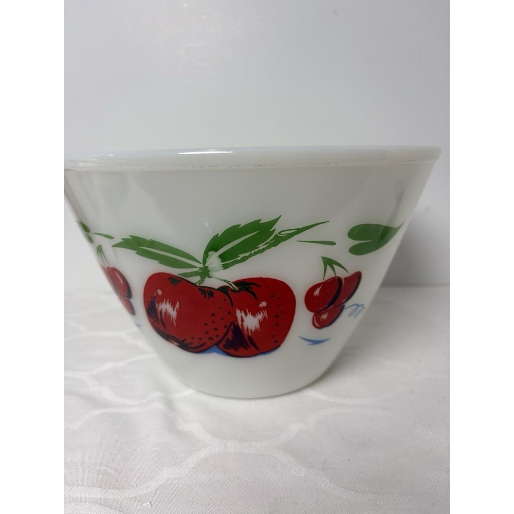 Vintage Fire King Splash Proof Bowl Apple & Cherries 4 QT White Painted 9.5"x 6" - Picture 3 of 11